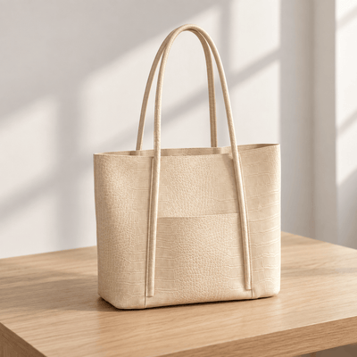 Women's Beige Crocodile Embossed PU Leather Tote Bag