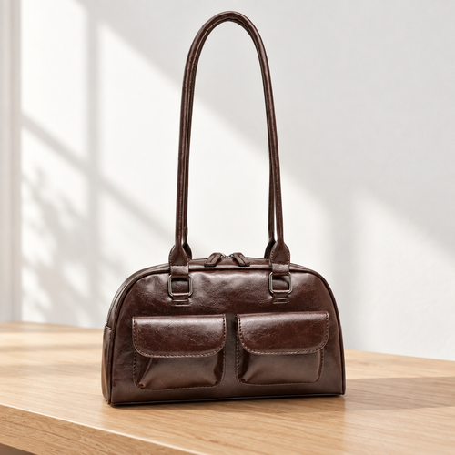 Brown Synthetic Leather Multi-Pocket Handbag