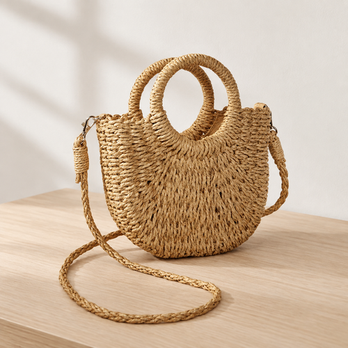 Léna Small Beige Straw Crossbody Bag