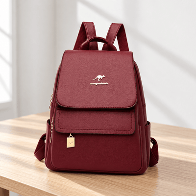 Women's Burgundy PU Leather Backpack with Gold-Tone Hardware