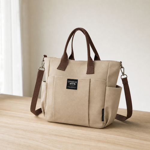 Women's Beige and Brown Canvas Multi-Pocket Tote Bag with Shoulder Strap