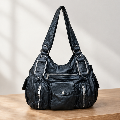 Clémentine Black Faux Leather Multi-Pocket Shoulder Bag