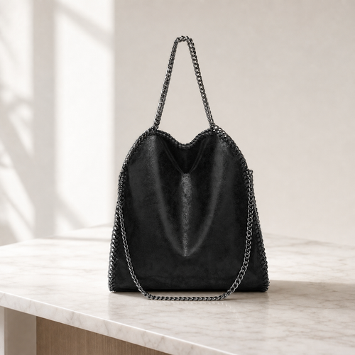 Konie Black Leather Slouchy Shoulder Handbag with Chain Strap