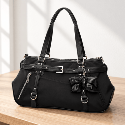 KOREE Black Faux Leather Shoulder Tote Bag with Bow Charm