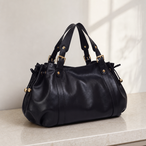 Enora Large Black Faux Leather Bowling Handbag