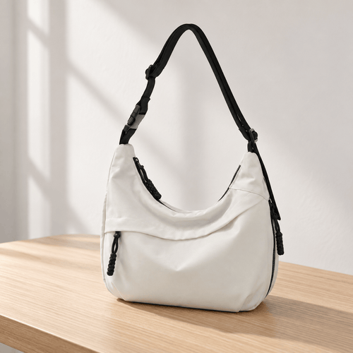 White Nylon Hobo Shoulder Bag with Adjustable Strap