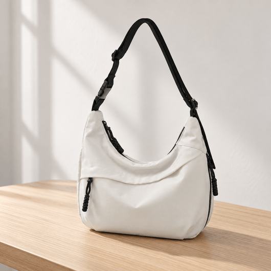White Nylon Hobo Shoulder Bag with Adjustable Strap