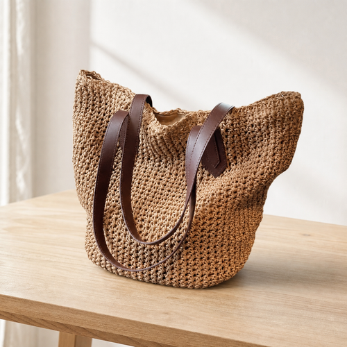 Lina Large Braided Straw Tote Bag with Brown Straps