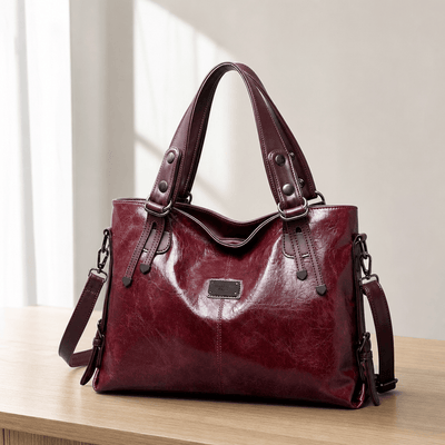 Women's Vintage Burgundy PU Leather Tote Handbag with Shoulder Strap