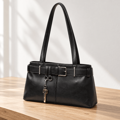 Women's Black Vegan Leather Belted Shoulder Bag