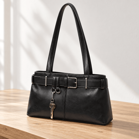 Women's Black Vegan Leather Belted Shoulder Bag