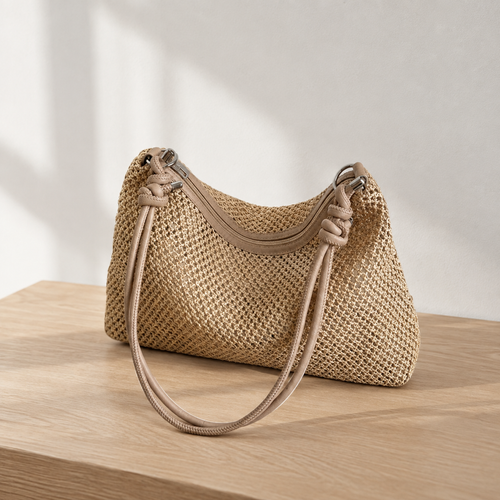 Alia Beige Woven Straw Hobo Bag with Zip Closure