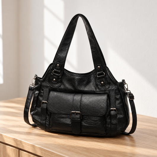 Women's Black Faux Leather Vintage School Handbag with Shoulder Strap