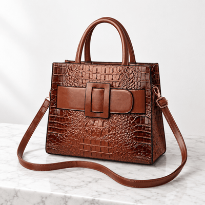 The Sunday Avenue Women's Brown Faux Leather Croco Handbag with Front Buckle