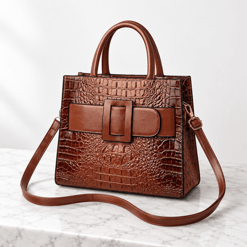 Women's Faux Leather Croco Handbag with Front Buckle - Yolande