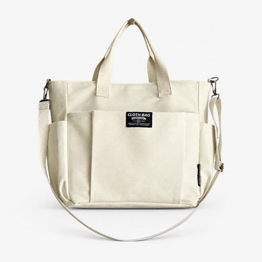 Women's Beige and Brown Canvas Multi-Pocket Tote Bag with Shoulder Strap