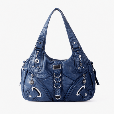 Black Faux Leather Multi-Pocket School Handbag