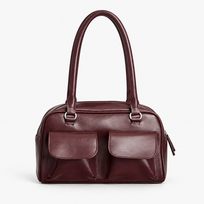 Brown Synthetic Leather Multi-Pocket Handbag