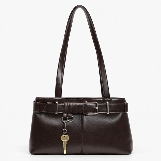Women's Black Vegan Leather Belted Shoulder Bag