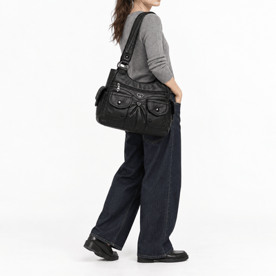 The Sunday Avenue Louise Black PU Leather Multi-Pocket Shoulder Bag