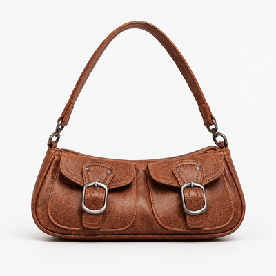 Brown Vintage Faux Leather Shoulder Handbag