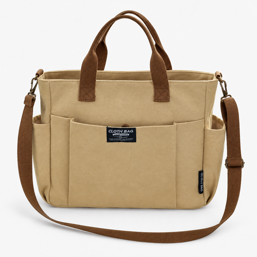 Women's Beige and Brown Canvas Multi-Pocket Tote Bag with Shoulder Strap