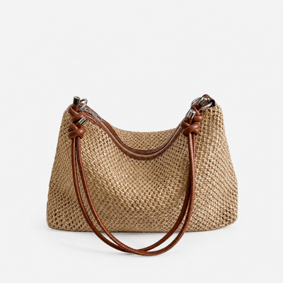 Alia Beige Woven Straw Hobo Bag with Zip Closure