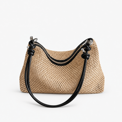 Alia Beige Woven Straw Hobo Bag with Zip Closure