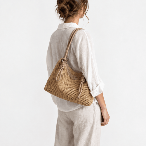 Alia Beige Woven Straw Hobo Bag with Zip Closure