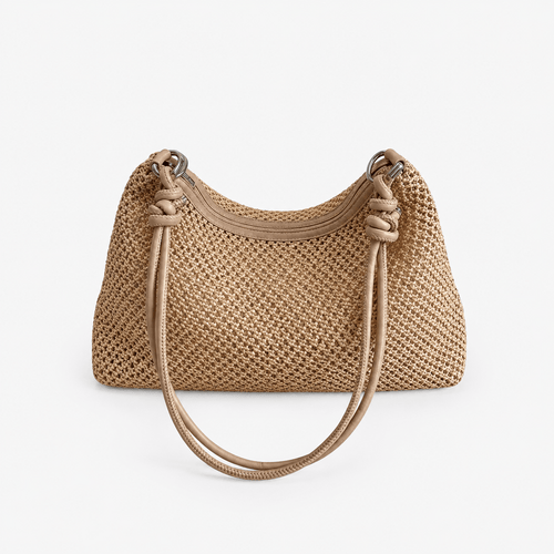 Alia Beige Woven Straw Hobo Bag with Zip Closure