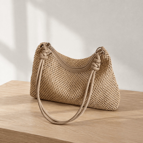 Alia Beige Woven Straw Hobo Bag with Zip Closure