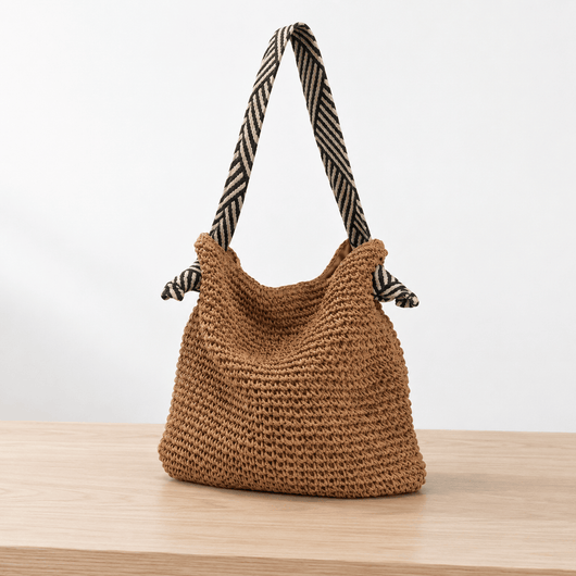 The Sunday Avenue Amelie Brown Straw Tote Bag with Braided Rope Strap