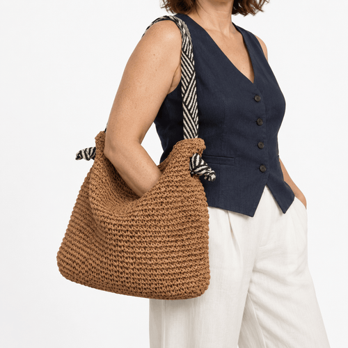 Straw Tote Bag with Braided Rope Strap - Oriana