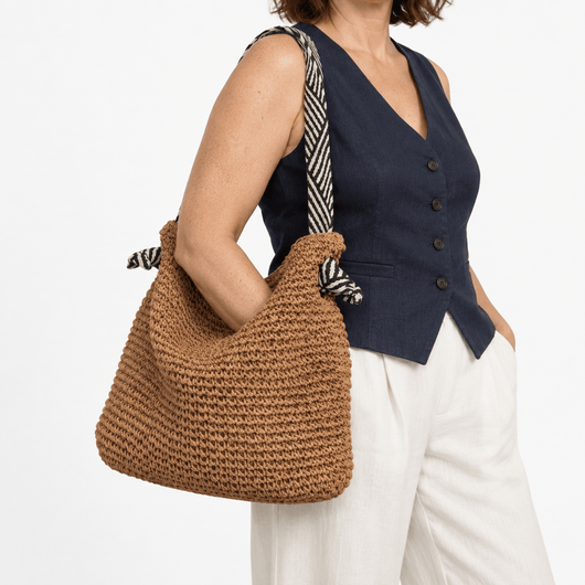 The Sunday Avenue Amelie Brown Straw Tote Bag with Braided Rope Strap