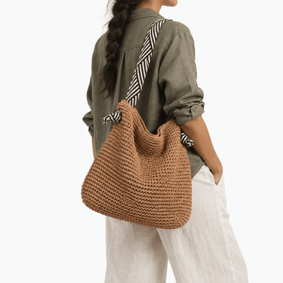 The Sunday Avenue Amelie Brown Straw Tote Bag with Braided Rope Strap