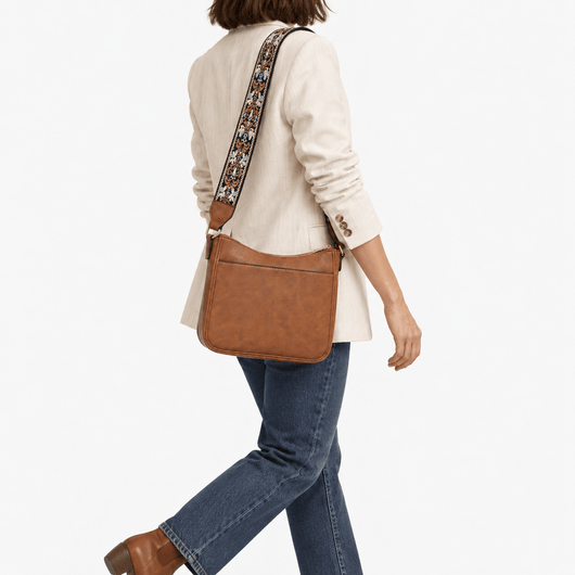 The Sunday Avenue Bailey Brown Faux Leather Crossbody Bag with Patterned Strap