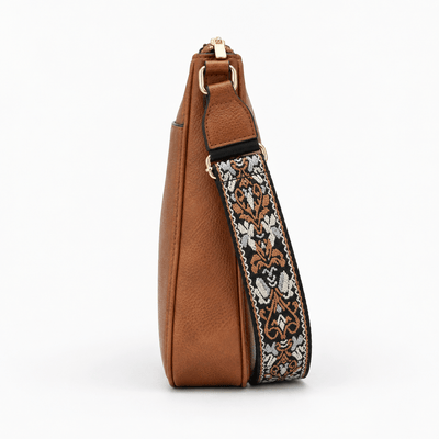 The Sunday Avenue Bailey Brown Faux Leather Crossbody Bag with Patterned Strap