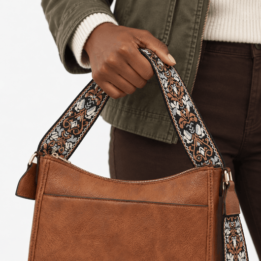 The Sunday Avenue Bailey Brown Faux Leather Crossbody Bag with Patterned Strap