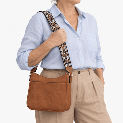 The Sunday Avenue Bailey Brown Faux Leather Crossbody Bag with Patterned Strap
