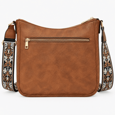 The Sunday Avenue Bailey Brown Faux Leather Crossbody Bag with Patterned Strap