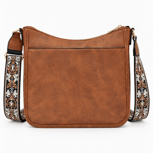 The Sunday Avenue Bailey Brown Faux Leather Crossbody Bag with Patterned Strap