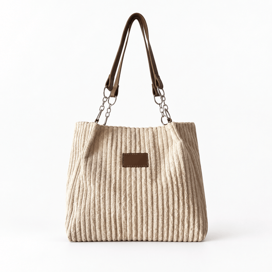 The Sunday Avenue Beige Beige Corduroy Tote Bag with Brown Shoulder Straps
