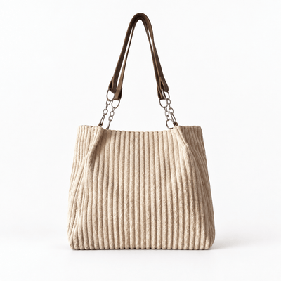 The Sunday Avenue Beige Corduroy Tote Bag with Brown Shoulder Straps