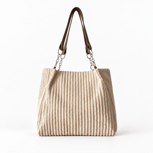 The Sunday Avenue Beige Corduroy Tote Bag with Brown Shoulder Straps
