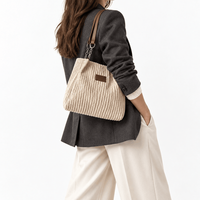 The Sunday Avenue Beige Corduroy Tote Bag with Brown Shoulder Straps