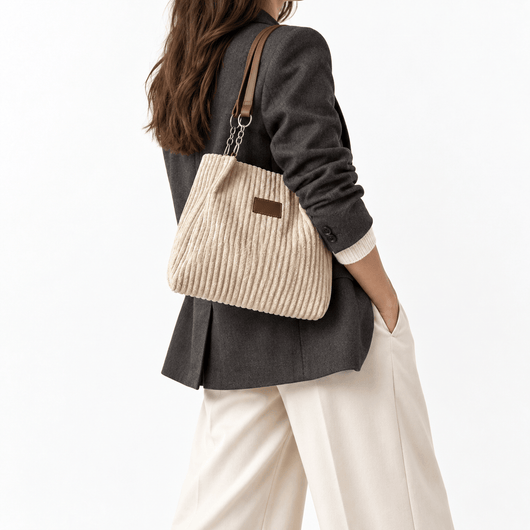 The Sunday Avenue Beige Corduroy Tote Bag with Brown Shoulder Straps