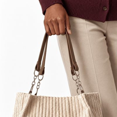 The Sunday Avenue Beige Corduroy Tote Bag with Brown Shoulder Straps