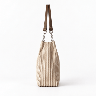 The Sunday Avenue Beige Corduroy Tote Bag with Brown Shoulder Straps