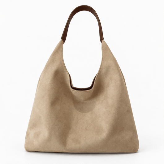 The Sunday Avenue Beige Maëly Brown Faux Suede Tote Bag with Matching Pouch