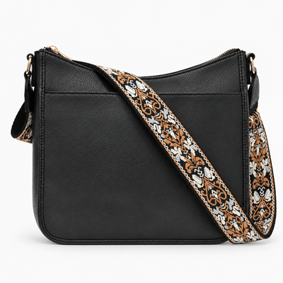 The Sunday Avenue Black Bailey Brown Faux Leather Crossbody Bag with Patterned Strap